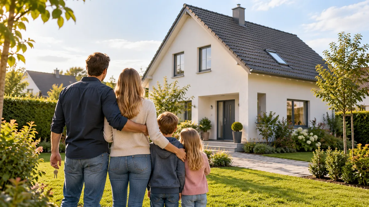 Familie steht vor einem neu gekauften Einfamilienhaus mit Garten, der Vater hält den Hausschlüssel, Symbolbild zur Kaufpreisaufteilung bei Immobilien