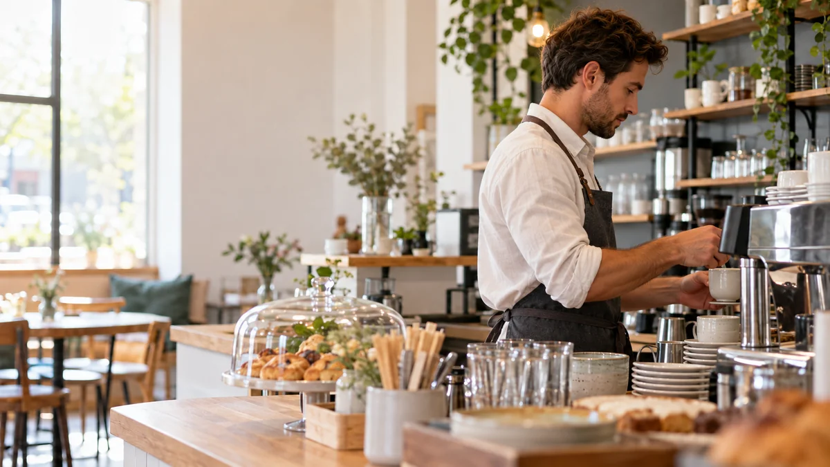 Mitarbeiter mit Schürze bereitet in einem hellen Café Kaffeetassen an der Espressomaschine vor – Symbolbild zu Minijob-Grenze und Arbeitgeberabgaben 2027