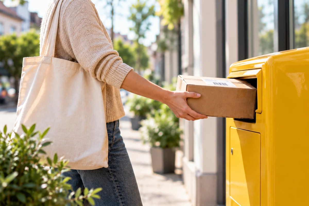 Person legt ein Paket in eine gelbe Packstation – Symbolbild für grenzüberschreitenden Onlinehandel von Kleinunternehmern in der EU