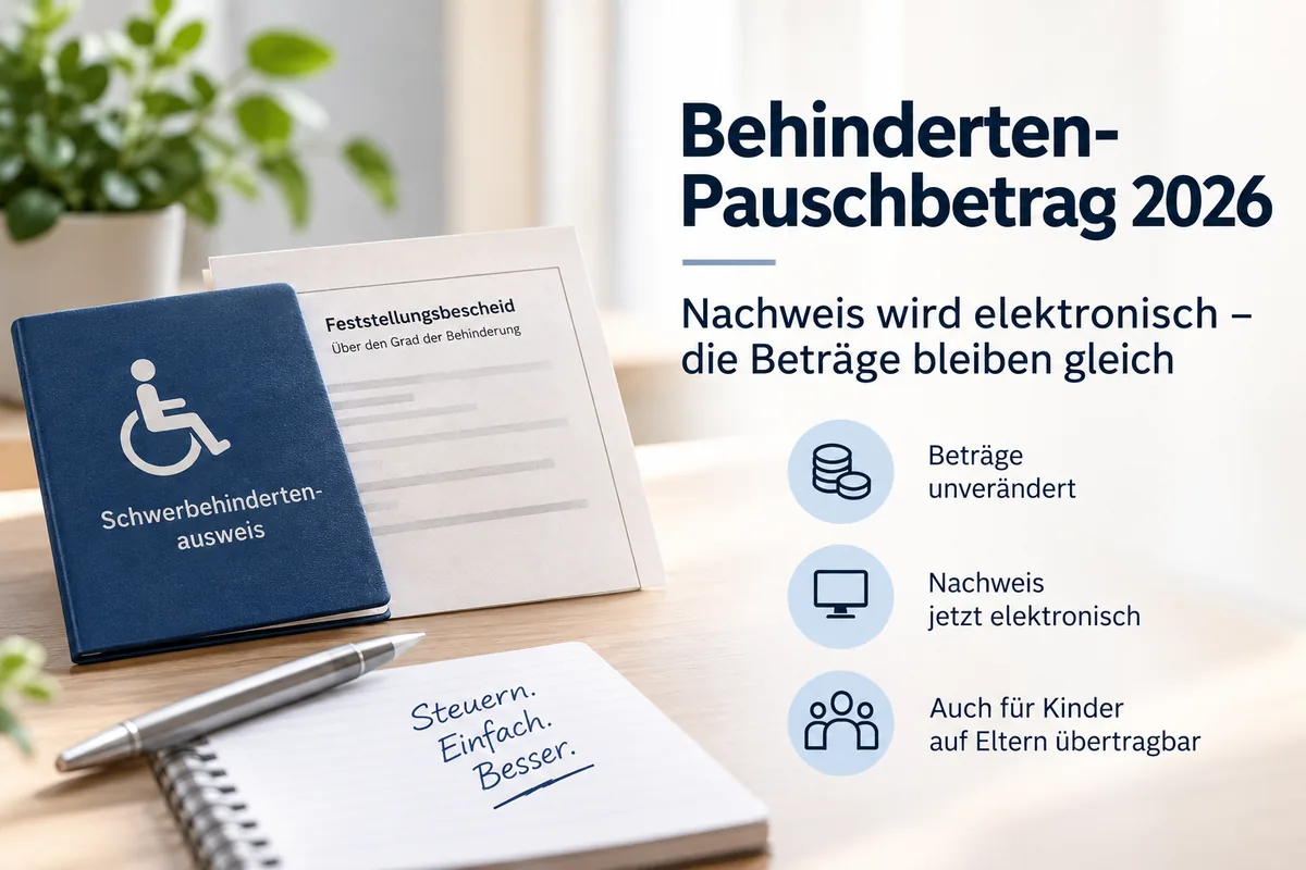 Schwerbehindertenausweis und Feststellungsbescheid auf einem Schreibtisch – Symbolbild für den elektronischen Nachweis beim Behinderten-Pauschbetrag ab 2026