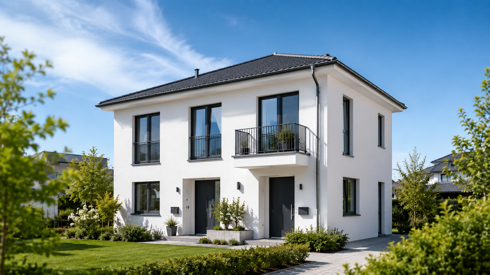 Modernes weißes Einfamilienhaus mit gepflegtem Garten und blauem Himmel, Symbol für Mietwohnungsneubau und Sonderabschreibung