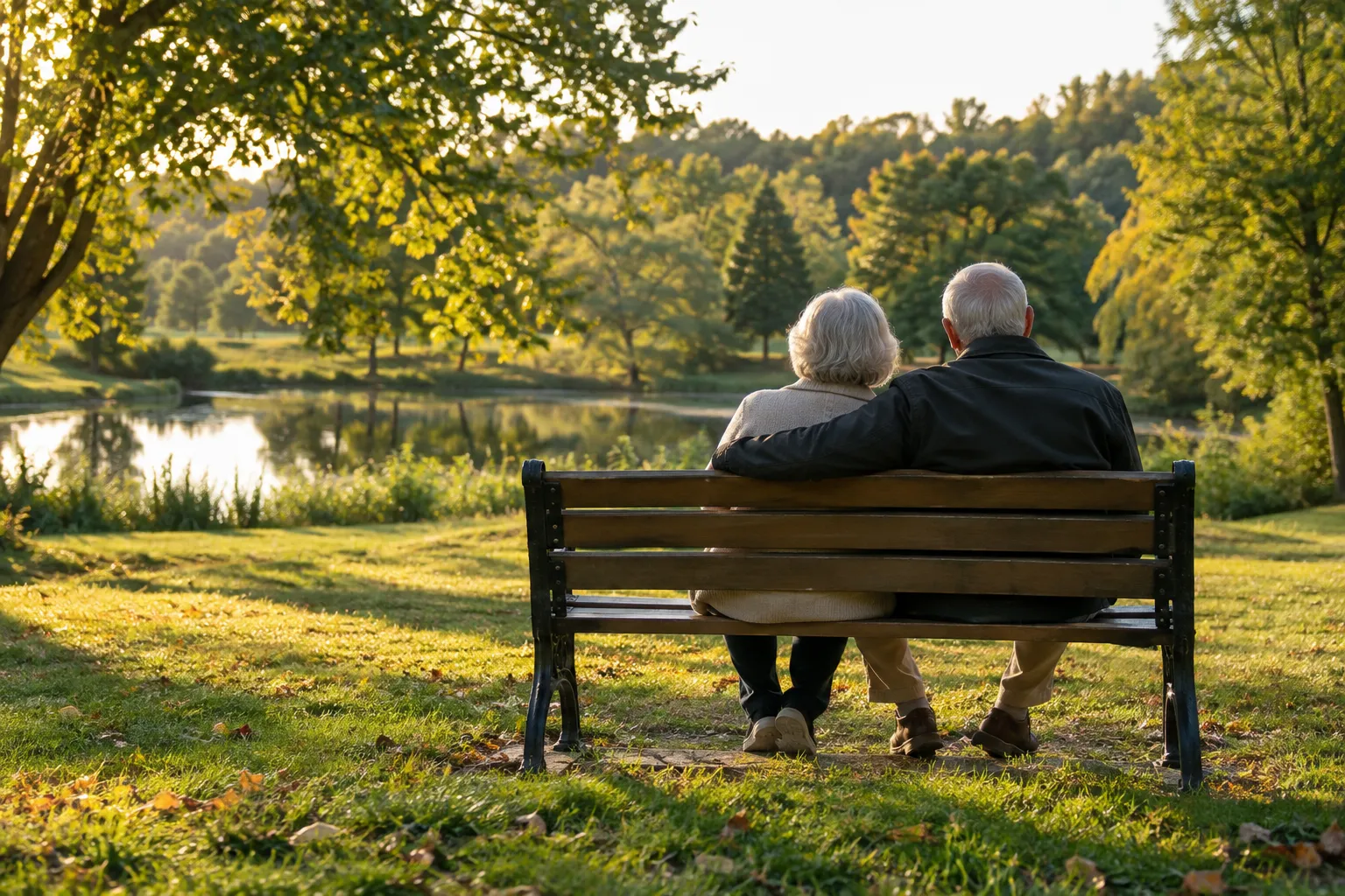 Älteres Ehepaar sitzt von hinten gesehen auf einer Parkbank am See – Symbolbild zur Steuererklärungspflicht für Rentner trotz 0 Euro Einkommensteuer