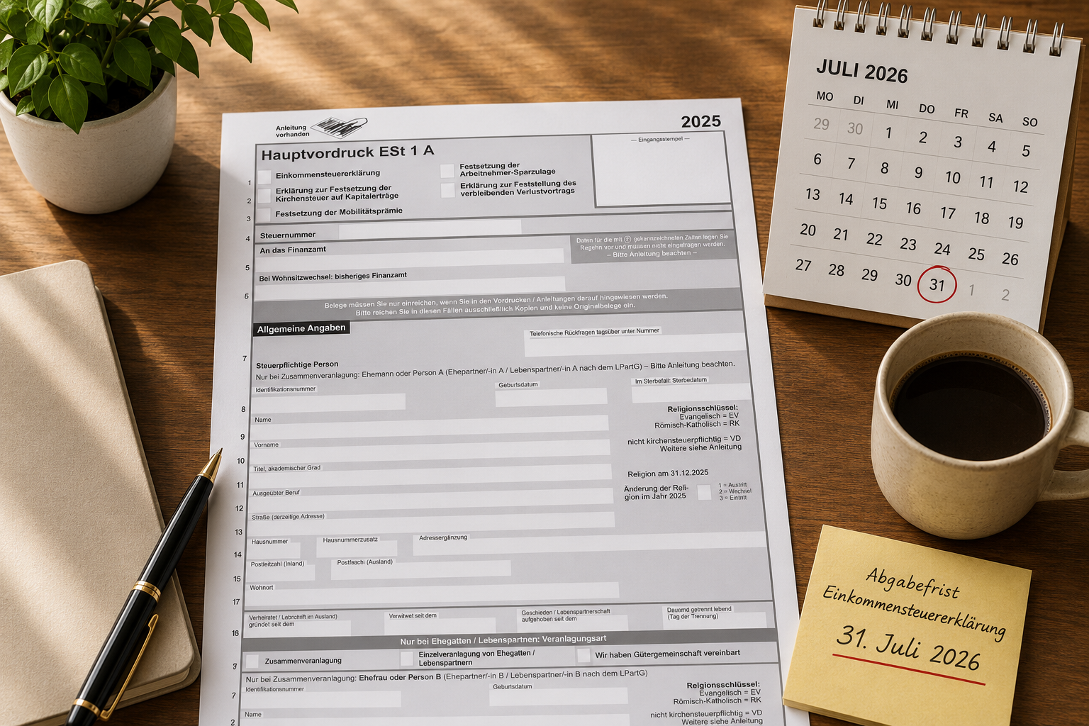 Steuerformulare für die Einkommensteuererklärung mit Kalender, Stift und Brille auf einem hellen Schreibtisch