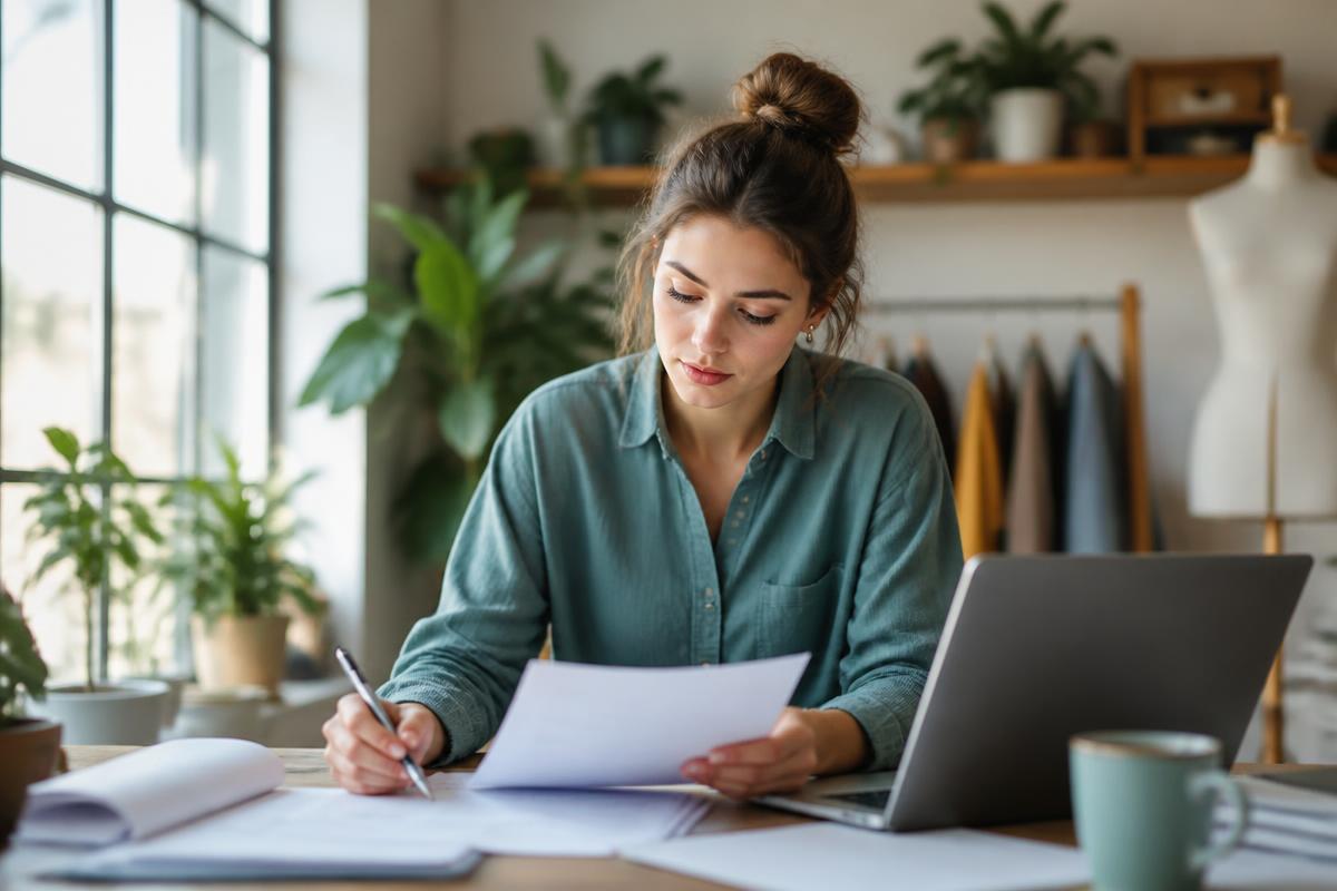 Selbstständiger Gründer arbeitet mit Unterlagen und Taschenrechner am Schreibtisch